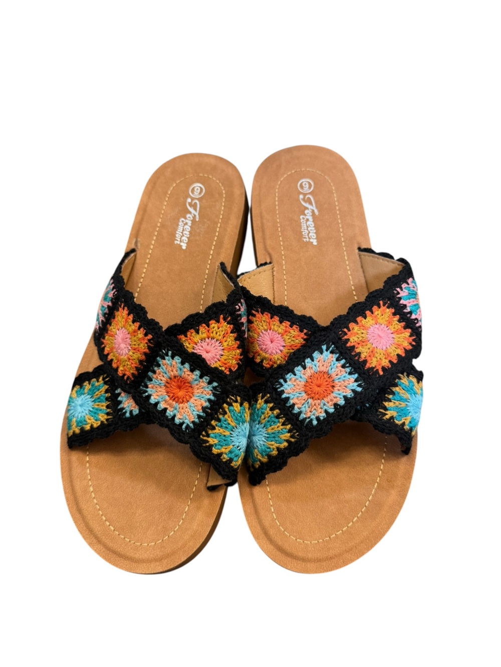 Forever Comfort Crochet Slide Sandals Boho Multicolor Granny Square NWOT Size 6